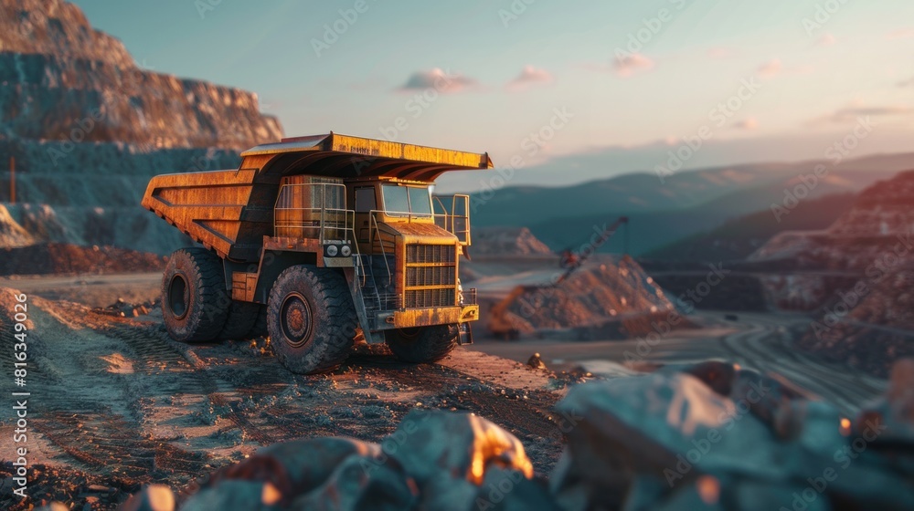 A large yellow dump truck is driving through a rocky area A large yellow dump truck is driving through a rocky area