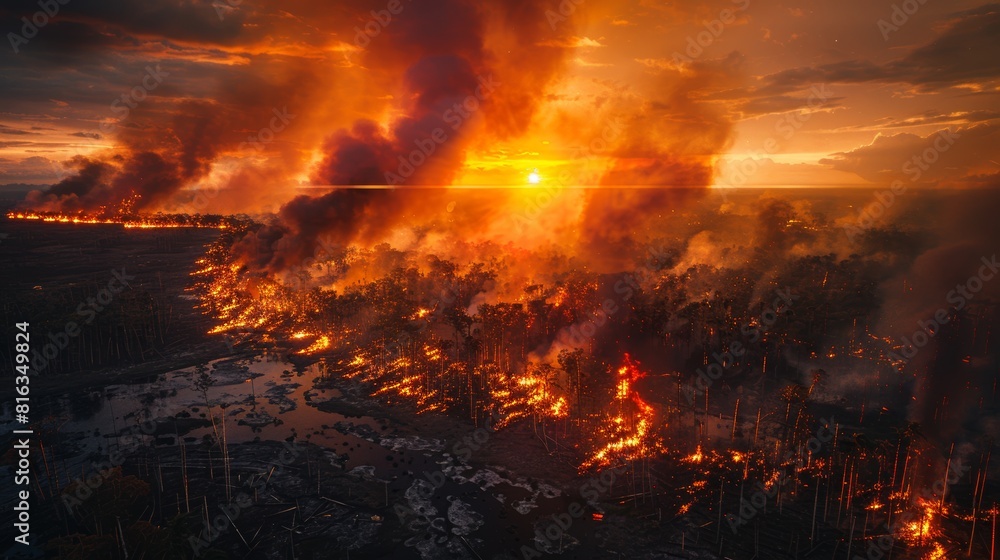 Fiery sunset view with catastrophic wildfire engulfing a forest landscape Fiery sunset view with catastrophic wildfire engulfing a forest landscape