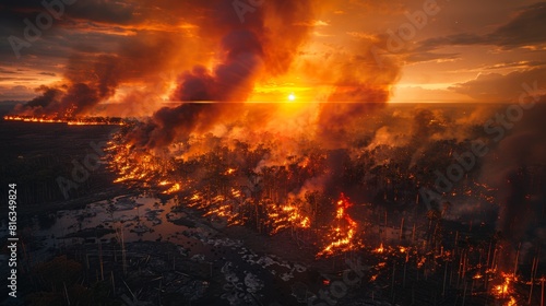 Fiery sunset view with catastrophic wildfire engulfing a forest landscape