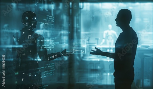 A man looking at a hologram of the robot, with text bubble showing information about it. The background is dark and blurred to emphasize on their interaction.