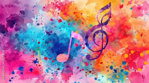 Abstract musical background with music note and paint splashes. Hand drawn watercolor illustration of treble clef symbol on colorful grunge texture,