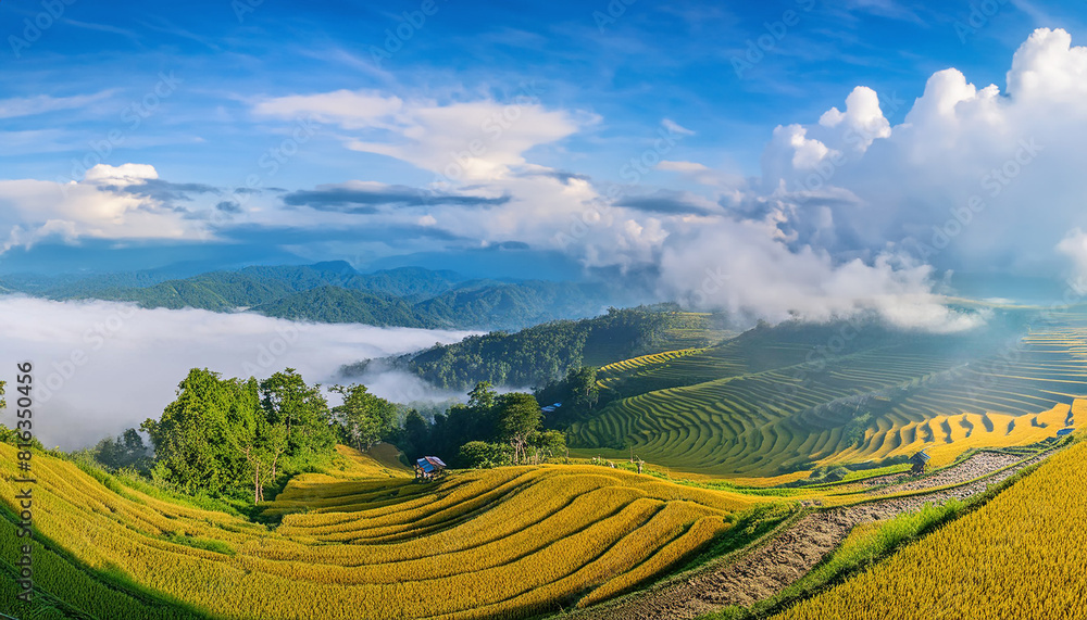 Fototapeta premium Beautiful rice terrace on the mountains in harvest season, in the fog and sunlight, AI generative