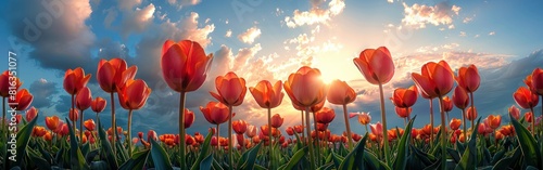 Springtime Splendor: Panoramic View of Blooming Tulip Field with Sunbeams and Blue Sky