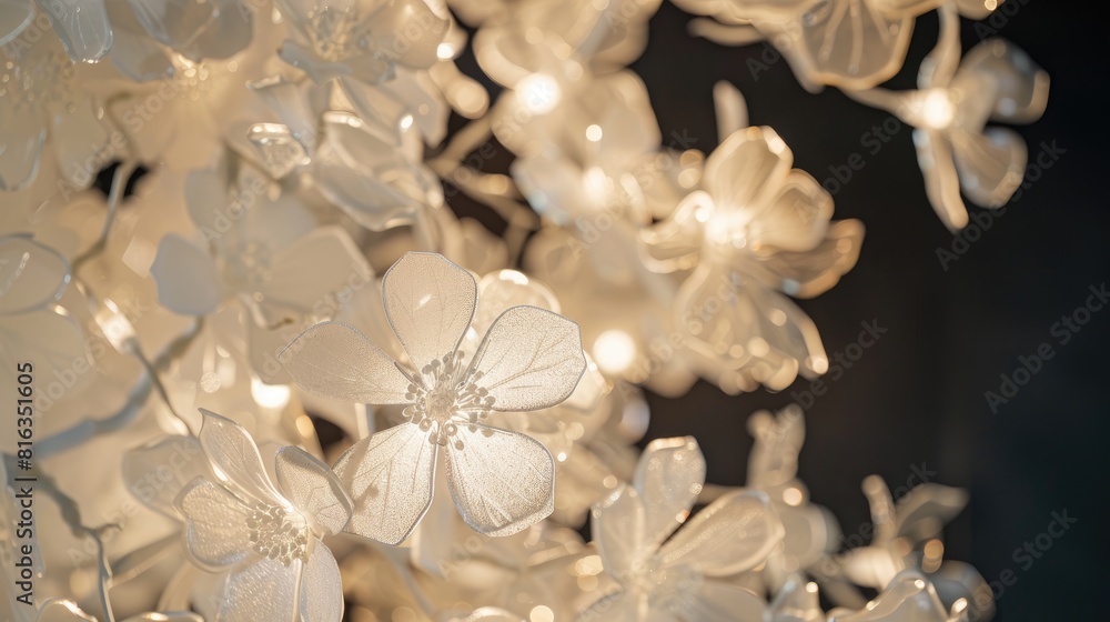 Close up of white floral chandelier against a dark backdrop Close up of white floral chandelier against a dark backdrop