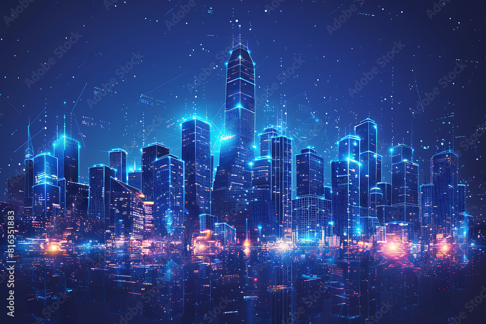 Obraz premium In a futuristic skyline, modern skyscrapers soar, defining the landscape of a smart city, symbolizing innovation, progress, and urban sophistication