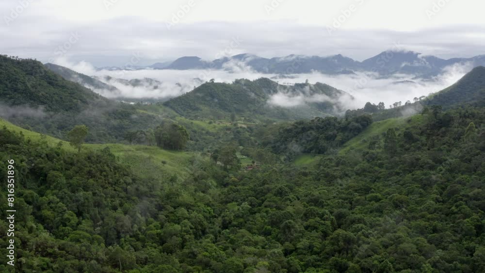 Tres Picos national park natural landscape aerial view, Atlantic tropical forest with mountains in fog scenery in Rio de Janeiro, Brazil Tres Picos national park natural landscape aerial view, Atlantic tropical forest with mountains in fog scenery in Rio de Janeiro, Brazil