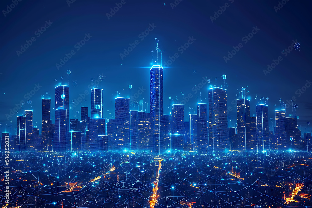 In a futuristic skyline, modern skyscrapers soar, defining the landscape of a smart city, symbolizing innovation, progress, and urban sophistication