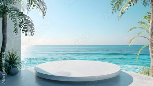 Serene Summer Beach Backdrop with Elevated Podium for Product Display and Ocean Scenery