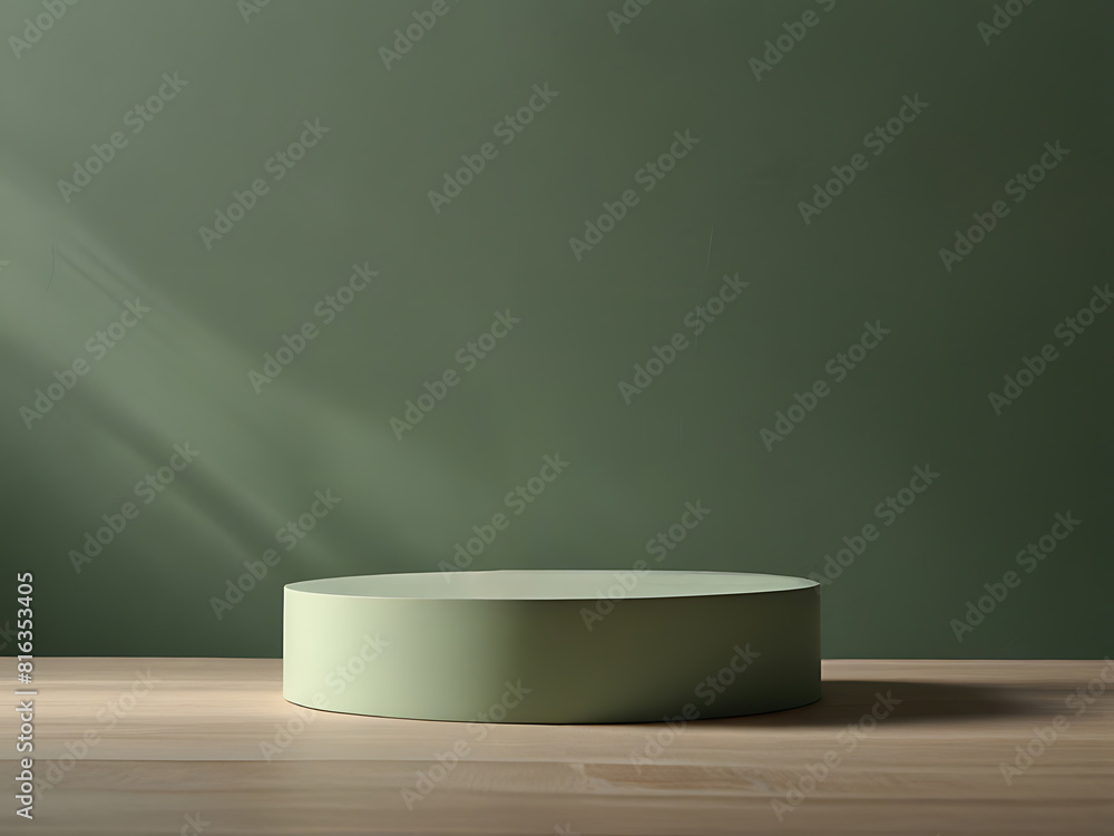 An empty podium made from wood on sage green background. Minimal mockup stand for cosmetic product advertisement. Generative AI. An empty podium made from wood on sage green background. Minimal mockup stand for cosmetic product advertisement. Generative AI.