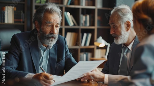 Lawyer providing legal advice to a senior client, discussing documents in a law office