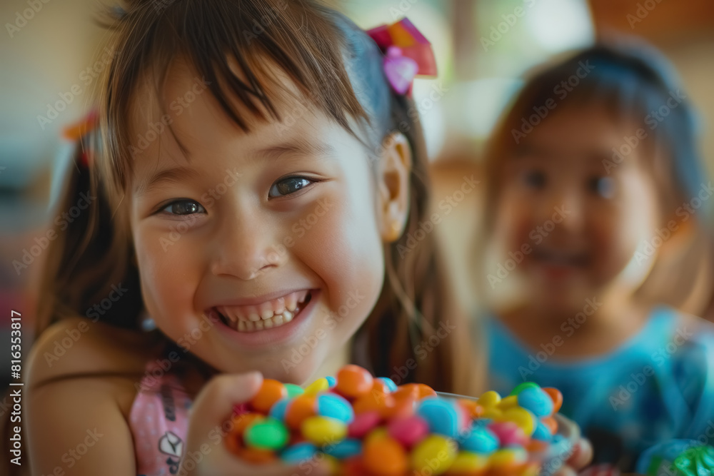 close-up of a joyful young girls sharing colorful candies close-up of a joyful young girls sharing colorful candies
