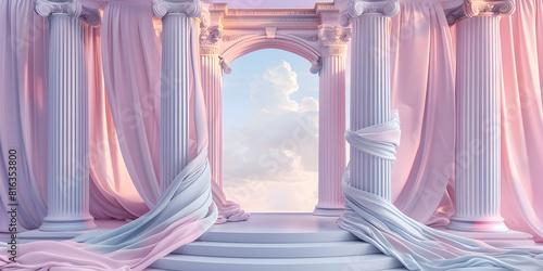 Stairway to heaven with pink clouds 3D render  .