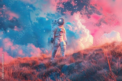 astronaut walks on alien planet landscape, pink and blue nebula sky in background, colorful grasses, space atmosphere, hyper realistic photography