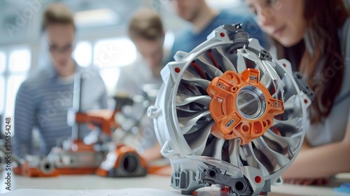 An intense brainstorming session in a design lab, with mechanical engineers analyzing a 3D printed prototype of a new energyefficient engine, Close up