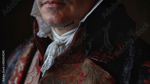 An intimate portrait of a man in Victorian attire, painted in the classical realism style, capturing the subtle expressions and fine details of his face and dress, Close up photo