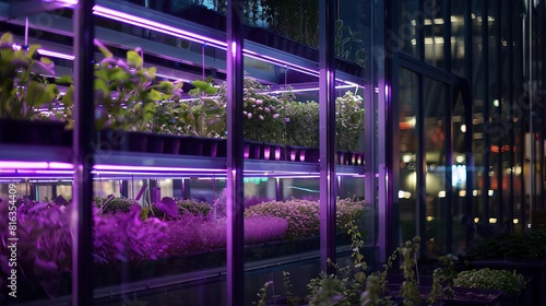 An urban vertical farm at night, glowing with purple LED lights, visible through large glass windows to city dwellers passing by, Close up photo