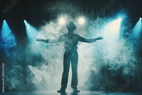 Back view of a young magician man doing a magic trick on stage, in silhouette, with spotlights and foggy lighting creating a dramatic effect. photo