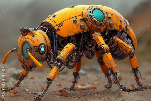 A steampunk bee made of metal with turquoise details stands on gray sand. It resembles a real insect with a mechanical structure, four legs, two wings, and a long tailpipe photo