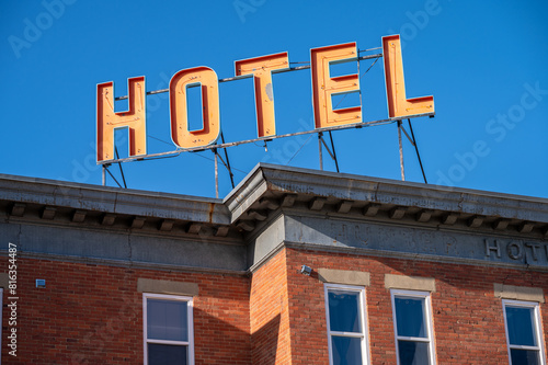 Hotel sign on old brick hotel on the main street of the small town of Bassano, Alberta.