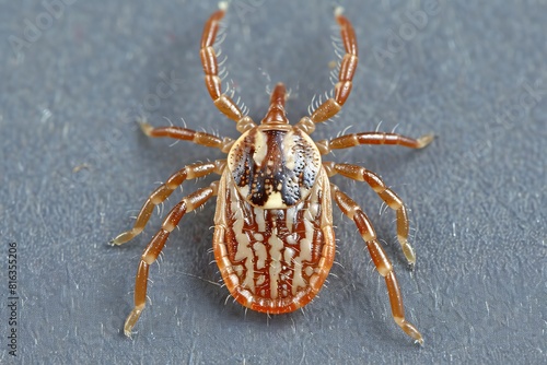 The Lone Star Tick, scientifically known as Ixodes scapularis, is a parasitic arachnid found in the eastern United States. It is isolated against a grey background photo