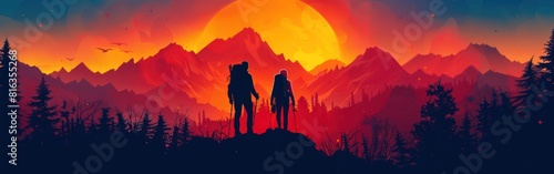 Mountain Hiking Silhouette with Sunrise Sunset Panorama - Adventure Couple in Wildlife Landscape - Vector Illustration Logo Icon