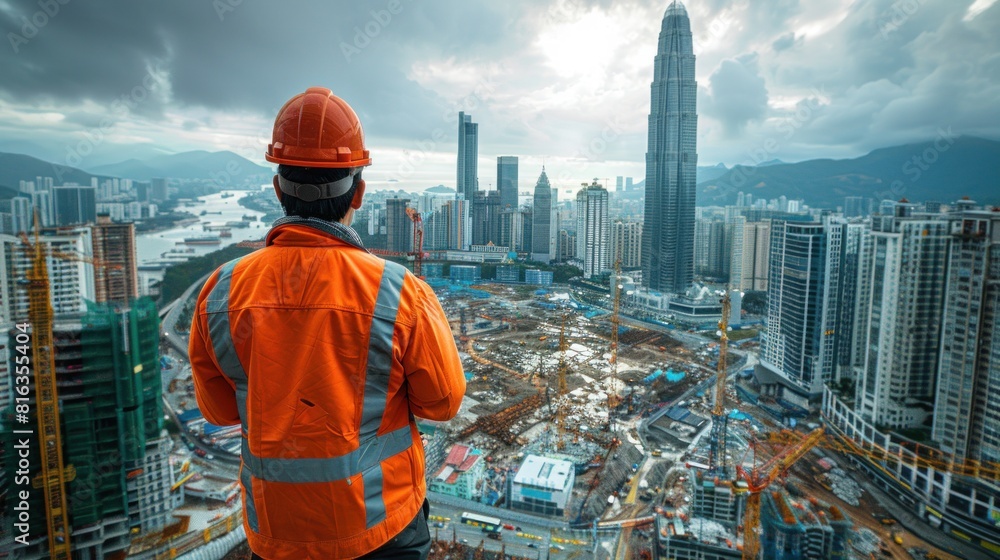 Against the backdrop of a rapidly evolving skyline, engineers confer at a construction site in Asia. Against the backdrop of a rapidly evolving skyline, engineers confer at a construction site in Asia.