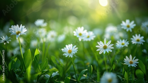 Marguerites Blooming in Lush Green Meadow During Spring photo
