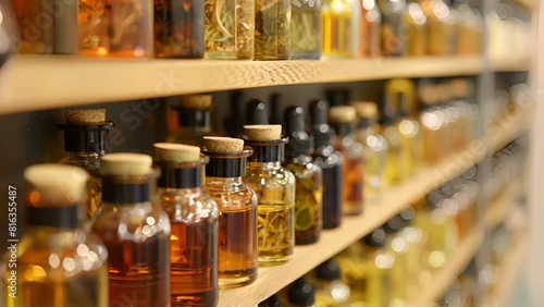 Shelves filled with unassuming bottles hold precious and unique essential oils that the perfumer uses to craft each scent. photo