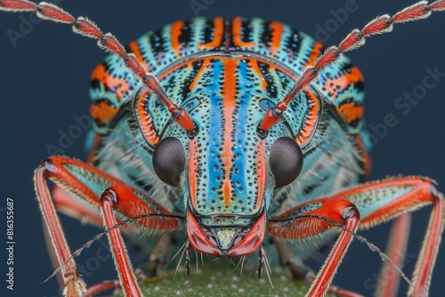 This image showcases a vibrant multicolor beetle with blue, green, orange, and black stripes on a vivid blue background, capturing natures beauty in intricate detail © Dipsky