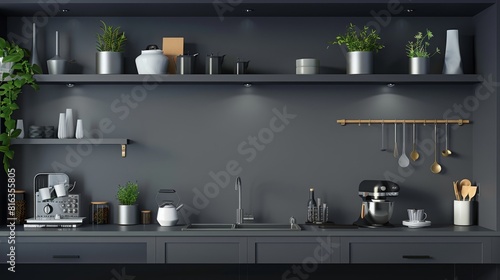 dark gray home kitchen interior with kitchenware on counter and shelves