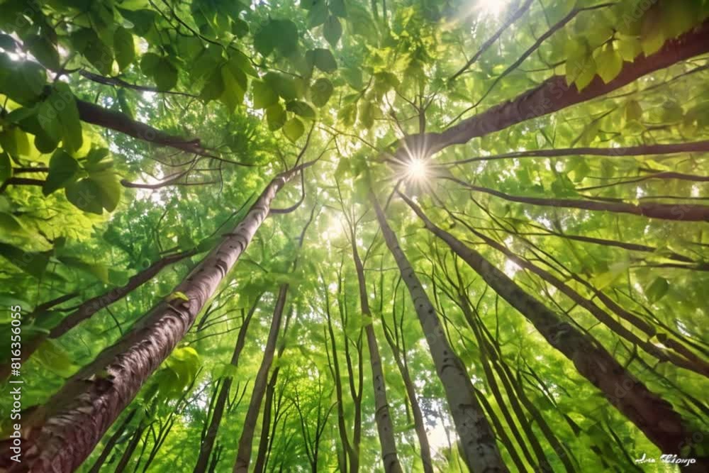 Wide angle photo of the canopy from below looking up at tall green trees in springtime Wide angle photo of the canopy from below looking up at tall green trees in springtime