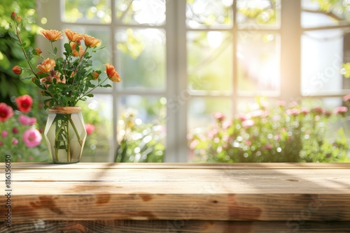 Wood table top on blur of window with garden flower background in morning.For montage product display or design key visual layout - generative ai