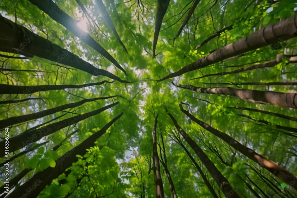 Wide angle photo of the canopy from below looking up at tall green trees in springtime Wide angle photo of the canopy from below looking up at tall green trees in springtime