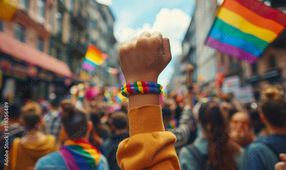 © zeenika - People's raised fist with rainbow flag during pride parade
