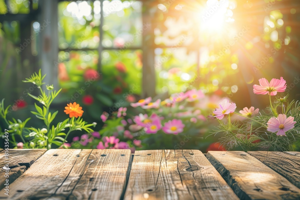 Wood table top on blur of window with garden flower background in morning.For montage product display or design key visual layout - generative ai Wood table top on blur of window with garden flower background in morning.For montage product display or design key visual layout - generative ai