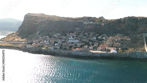 Aerial view of the old town of Monemvasia in Lakonia of Peloponnese, Greece