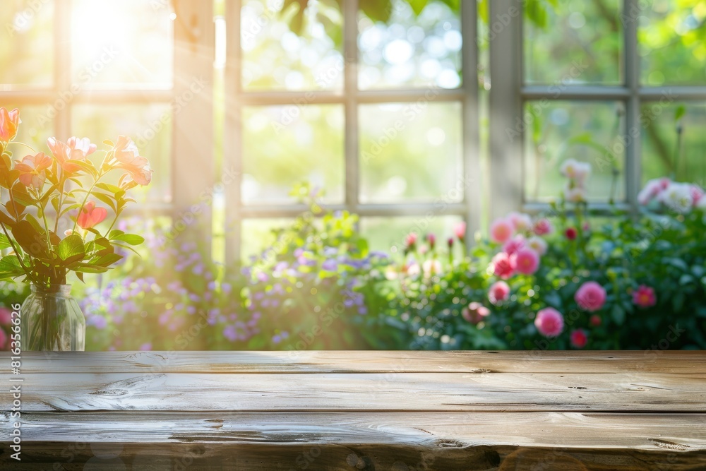 Wood table top on blur of window with garden flower background in morning.For montage product display or design key visual layout - generative ai Wood table top on blur of window with garden flower background in morning.For montage product display or design key visual layout - generative ai