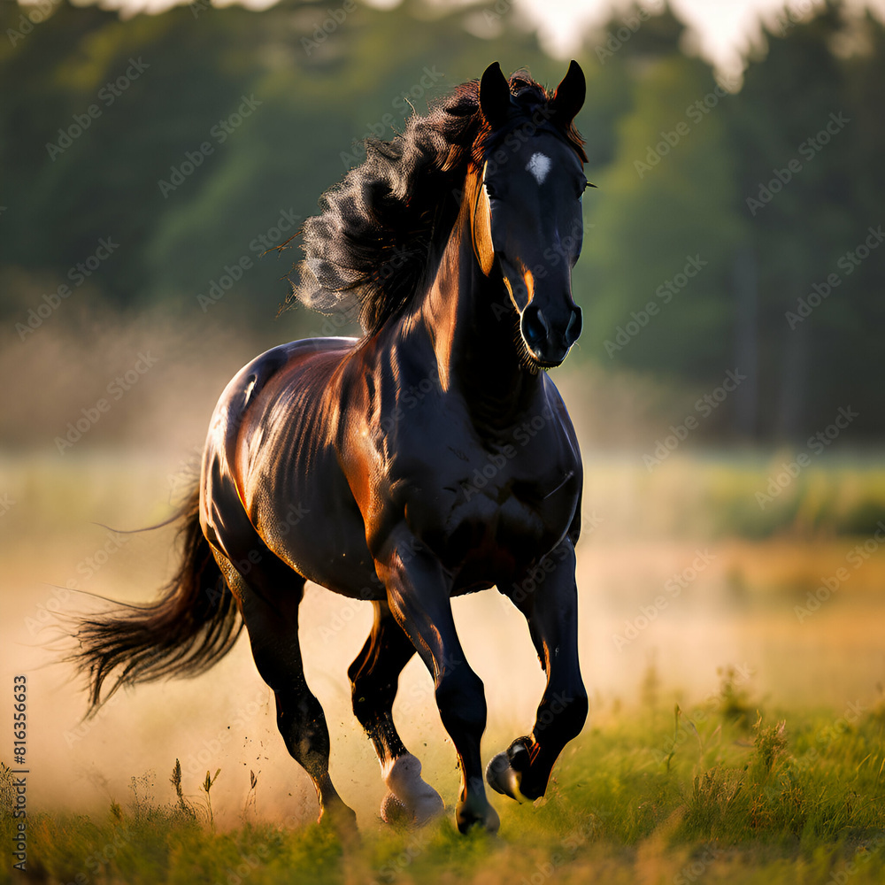 A black horse running at morning in the feild A black horse running at morning in the feild