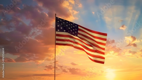 Majestic American Flag Silhouetted Against Serene Sunset Skyscape
