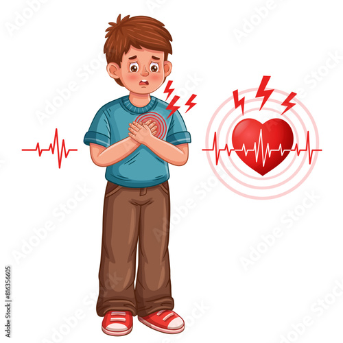 Heartache, heart attack, chest pain, cardiovascular medical disease. Sick boy child suffering cardio hurt. Man feel heartbeat. Love relationship problems. Cardiac failure. Health care. Cartoon vector 