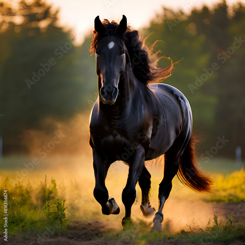 A black horse running at morning  in the feild
