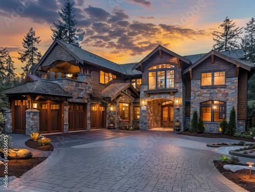 beautiful luxury home exterior with large driveway, sunset lighting, twilight, warm tones, rustic stone and wood details, wooden shingle roof, garage doors, photo taken from the front of house