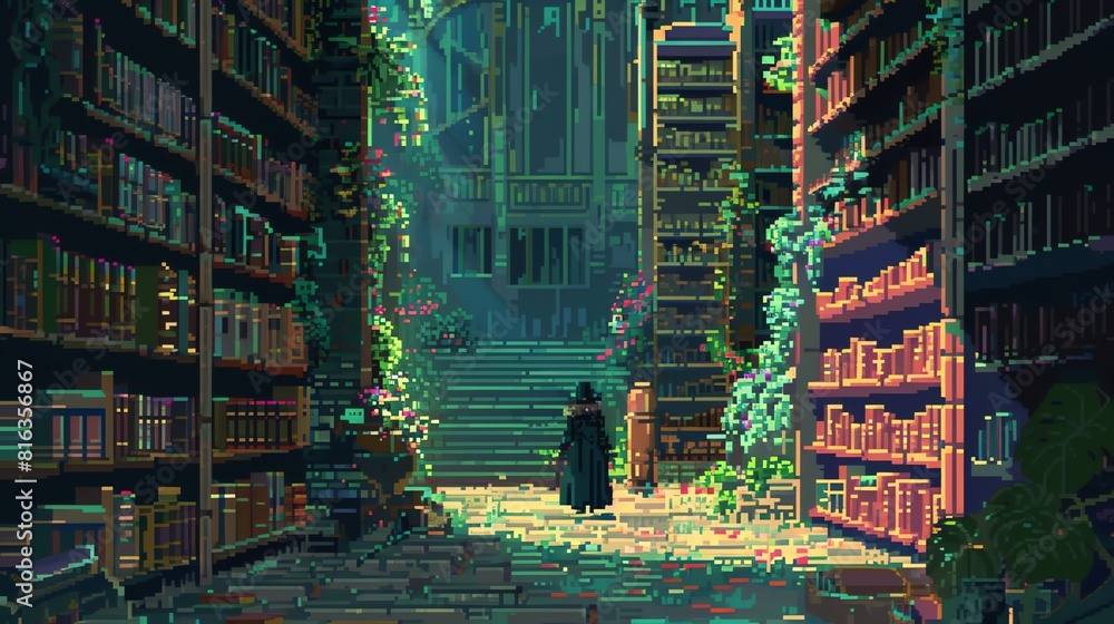 The image is a pixel art illustration of a library. The library is ...
