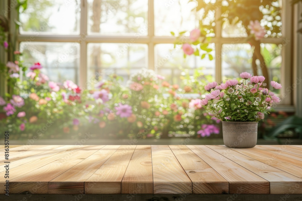 Wood table top on blur of window with garden flower background in morning.For montage product display or design key visual layout - generative ai Wood table top on blur of window with garden flower background in morning.For montage product display or design key visual layout - generative ai