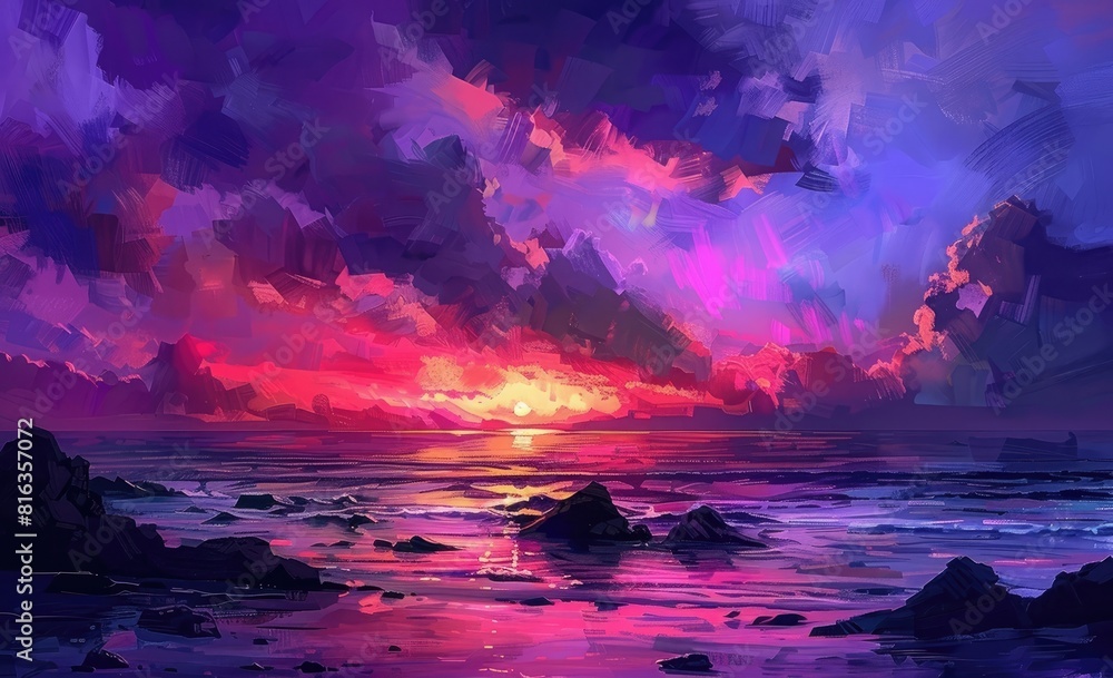 Beautiful sunset at Tenerife beach with rocks in the sea and sky, purple and red colors. The scene depicts the sunset