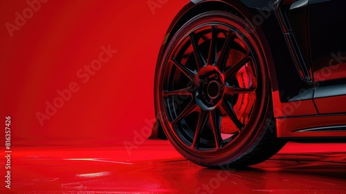 Black car wheel with sport rim on red background. Closeup of modern luxury vehicle tires, concept for banner or presentation design.