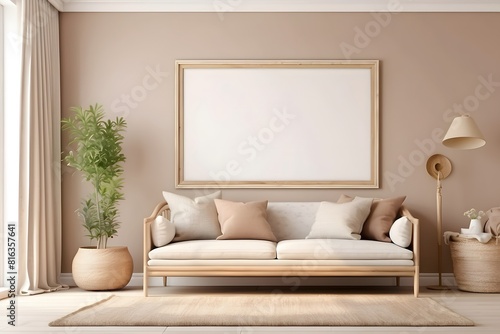 Minimalist farmhouse wall art mockup wooden frame, blank horizontal empty frame for wall art mockup with sofa, soft brown color wall theme of the room, interior design