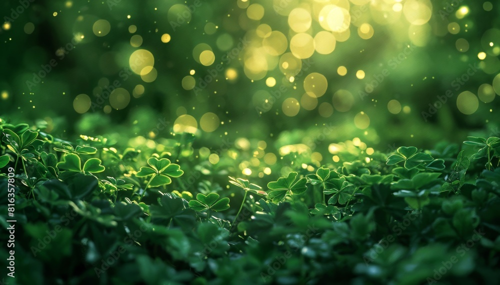 Obraz premium Glowing emerald green bokeh orbs surrounded by shamrock bokeh shapes for St. Patrick's Day