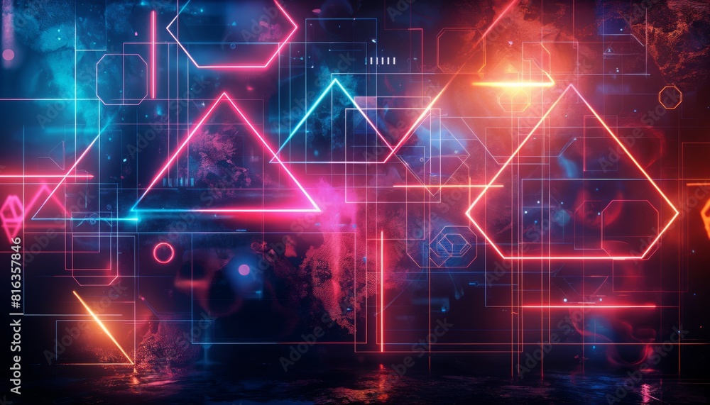 Glowing neon geometric shapes and laser lines on a dark background, perfect for a futuristic or sci-fi theme Glowing neon geometric shapes and laser lines on a dark background, perfect for a futuristic or sci-fi theme