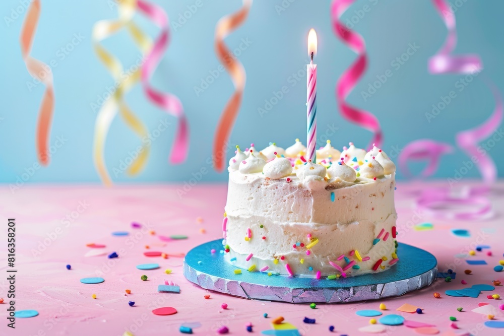 Festive cake with a single candle Festive cake with a single candle